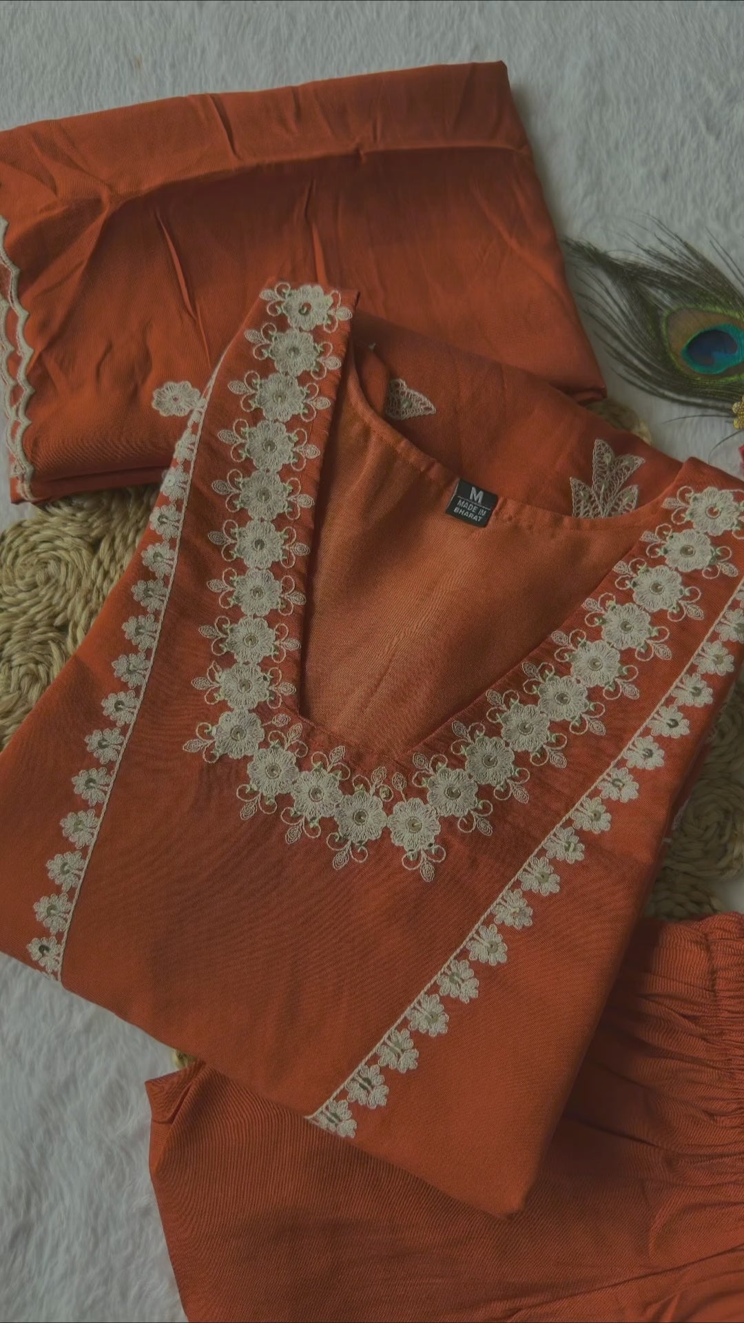 FABLOZ Women’s Festive Rust Roman Silk Embroidered Kurta Pant Dupatta Set