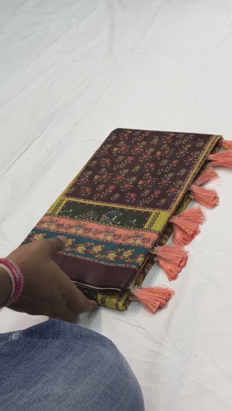 FABLOZ Women's Soft Cotton Kalamkari Printed Saree with Contrast Pallu & Tassels | Lightweight Daily & Festive Wear