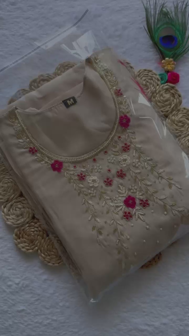 Roman Silk Cream Kurta Set & Pink Chanderi Silk Dupatta With Hand-Embroidered Floral Neck Design