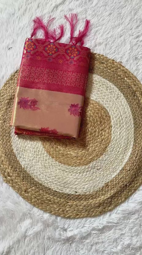 FABLOZ Women's Two Tone Pure Tissue Banarasi Saree with Rich Zari Weaving & Mina Border | Soft Fabric with Brocade Blouse