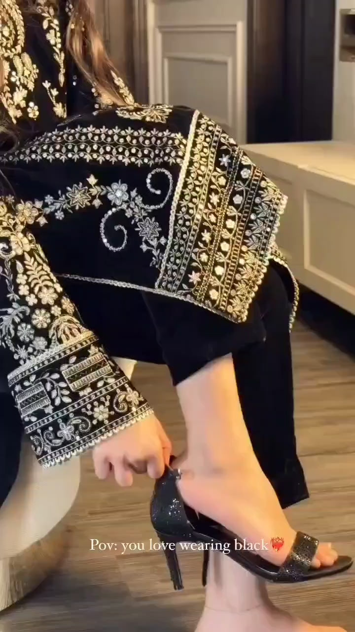 FABLOZ Women's Designer Black Chinnon Top-Pant Set With Organza Sequins Dupatta – Premium Stitched Outfit