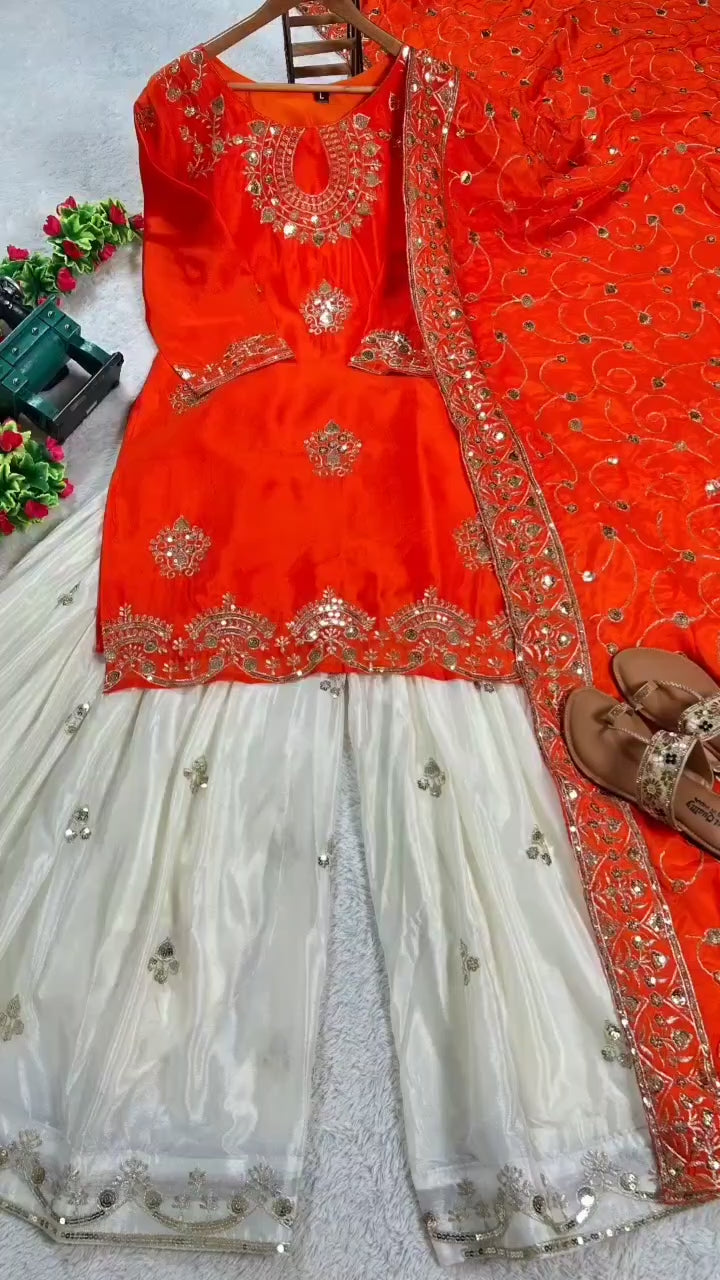 FABLOZ Women's Designer Orange Chinnon Kurti & White Garara Set with Sequins Embroidery & Matching Orange Dupatta