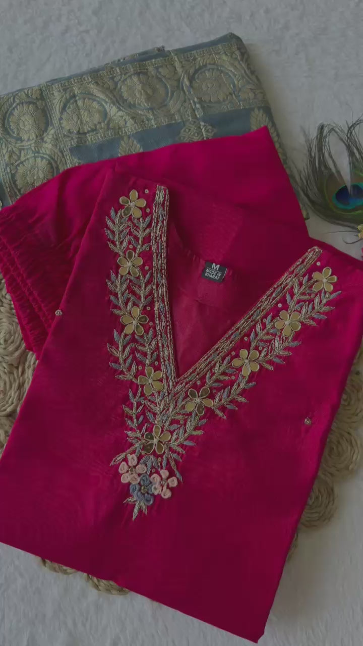 FABLOZ Women’s Designer Pink Roman Silk Kurta Set with Zari Embroidery & Banarasi Dupatta